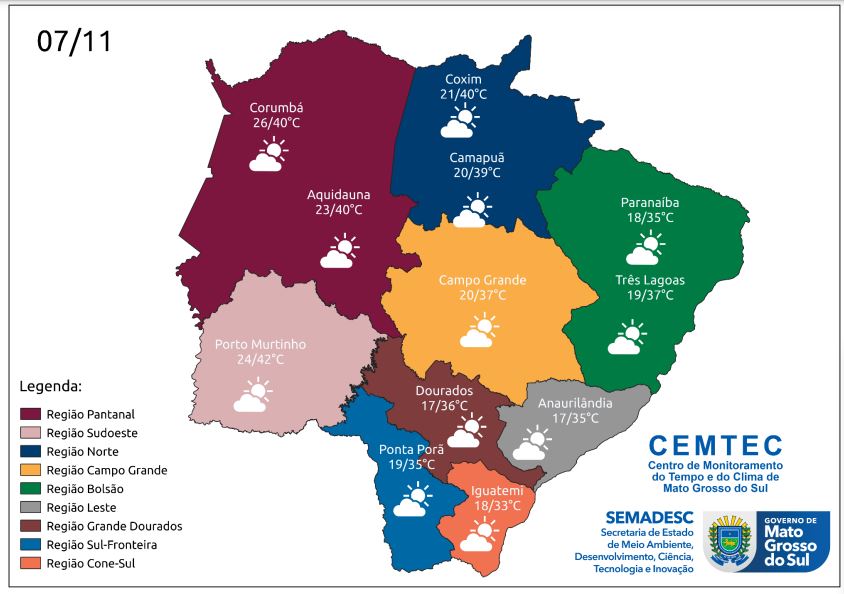 Terça-feira de tempo seco e temperaturas altas em MS