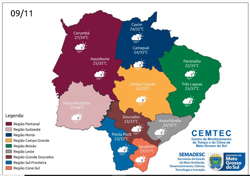 Tempo instável e com probabilidade de chuvas nesta quinta-feira em MS