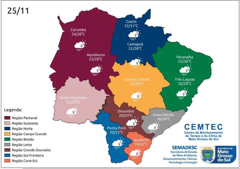 Fim de semana com tempo instável e previsão de chuva em MS