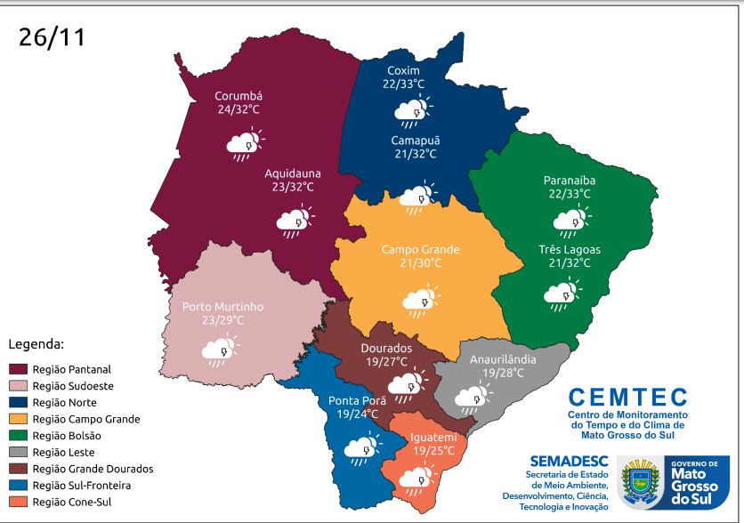 Fim de semana com tempo instável e previsão de chuva em MS