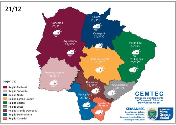 Quinta-feira com chuva na maior parte de MS