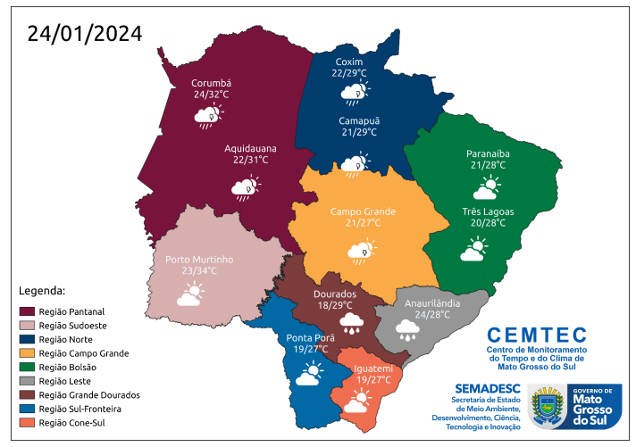 Sol com possibilidade de chuvas nesta quarta-feira em MS