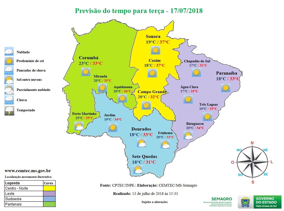Terça-feira de sol forte e altas temperaturas no estado de Mato Grosso do Sul
