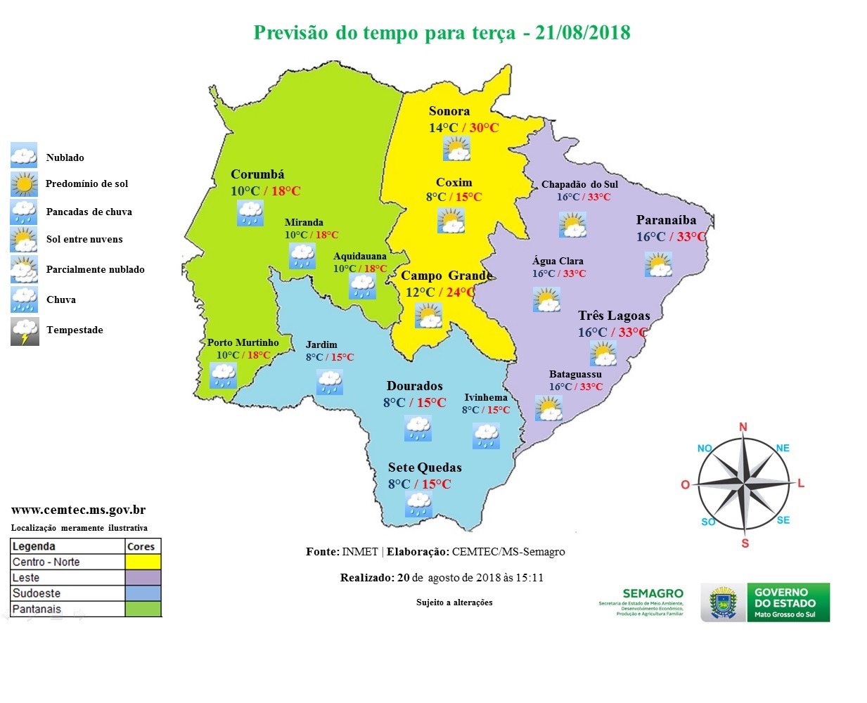 Estado de Mato Grosso do Sul terá frio e chuva isolada nesta terça-feira