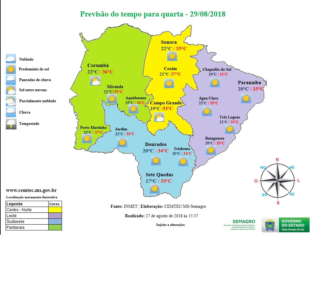 Quarta-feira ensolarada e sem previsão de chuva no Estado de Mato Grosso do Sul
