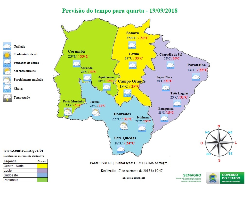 Quarta-feira chuvosa e temperaturas amenas no Estado de Mato Grosso do Sul