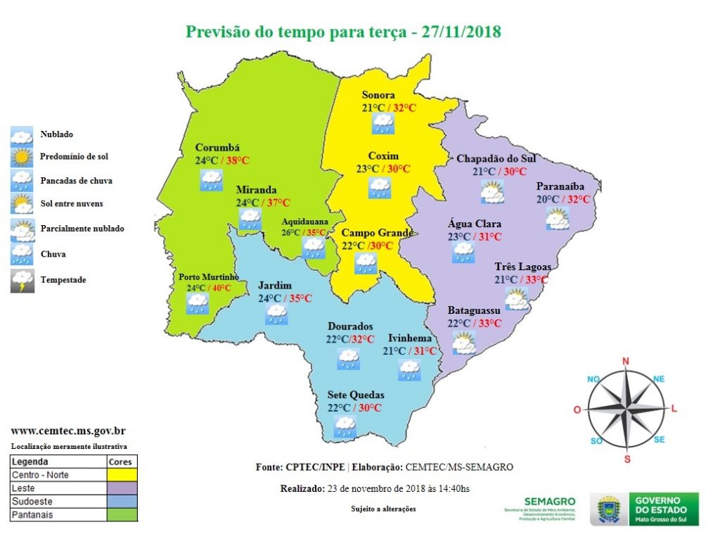Previsão de pancadas de chuva para o estado de Mato Grosso do Sul