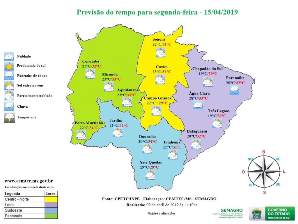 Confira a previsão do tempo para segunda-feira em Mato Grosso do Sul